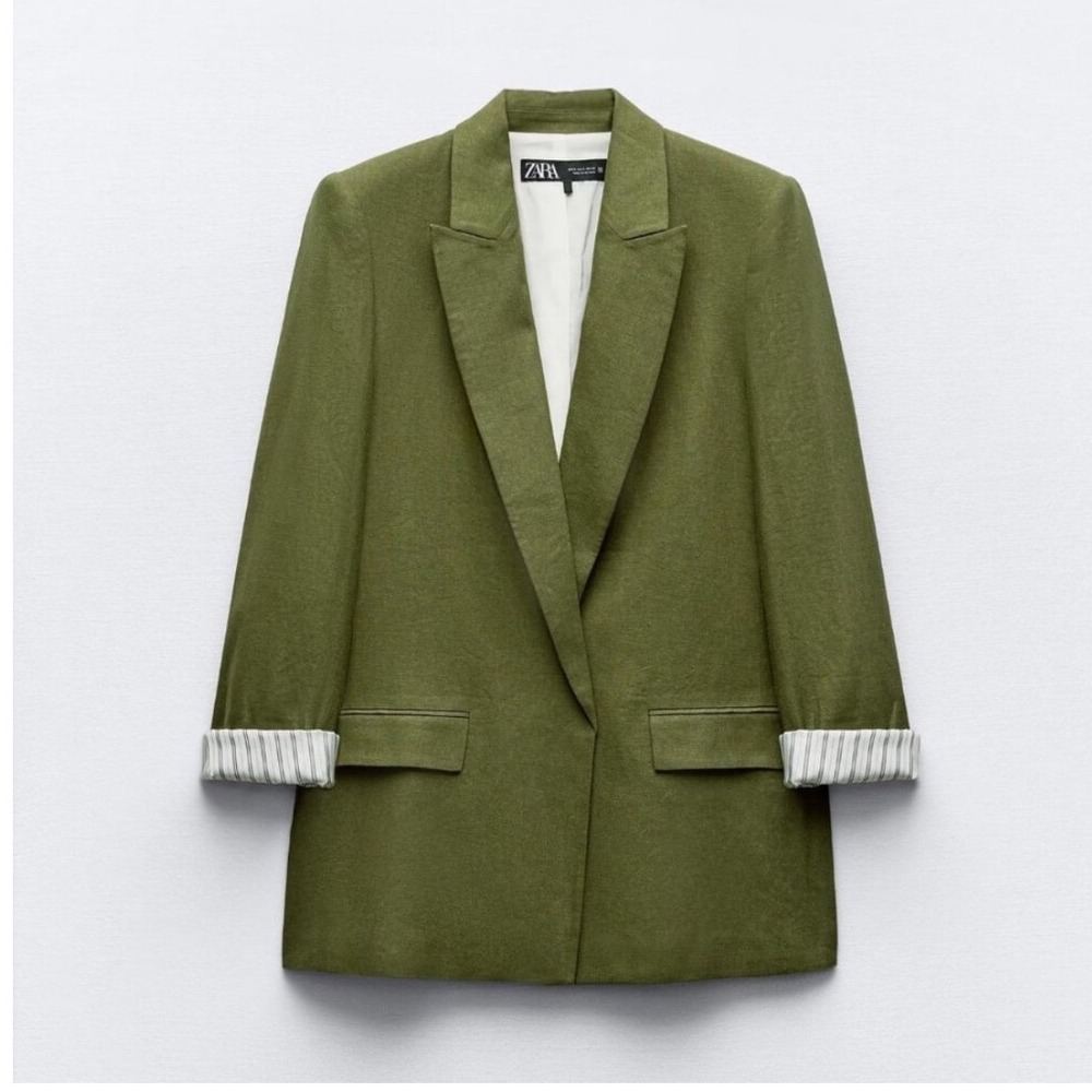 Zara Linen Open Front Blazer Women Size Medium Olive Green Notched Lapel Pocket